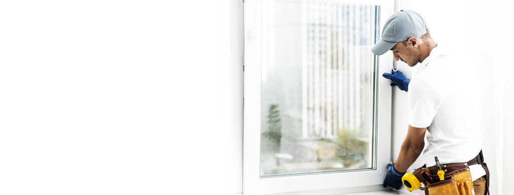 man in white installing glass window