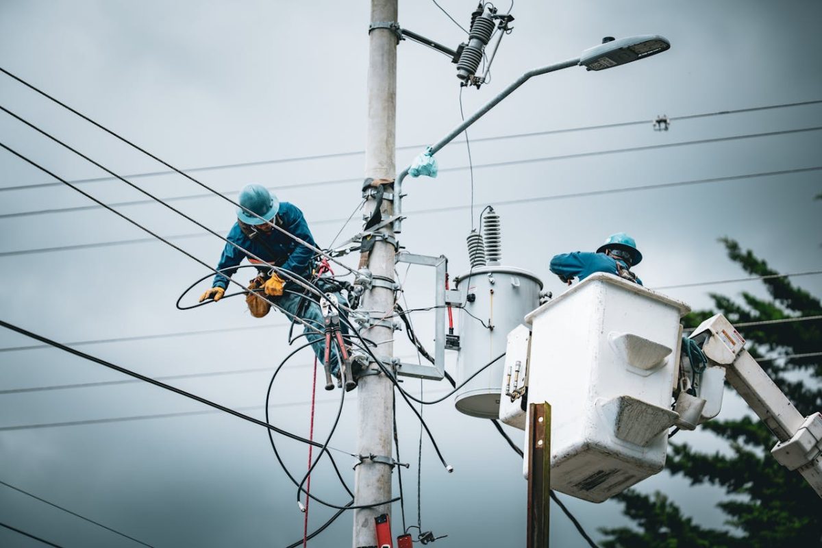 two workers engaged in maintenance on a power pole