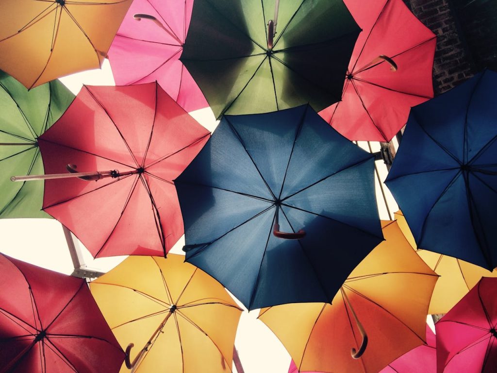 a vibrant display of colorful umbrellas suspended in the air