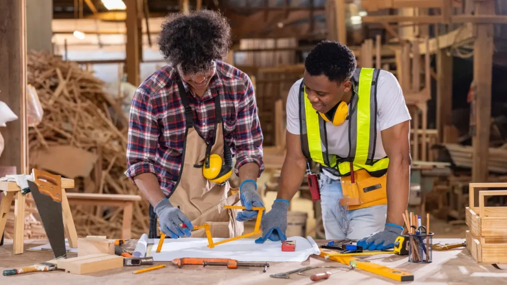 Two carpenters reviewing woodwork design plans