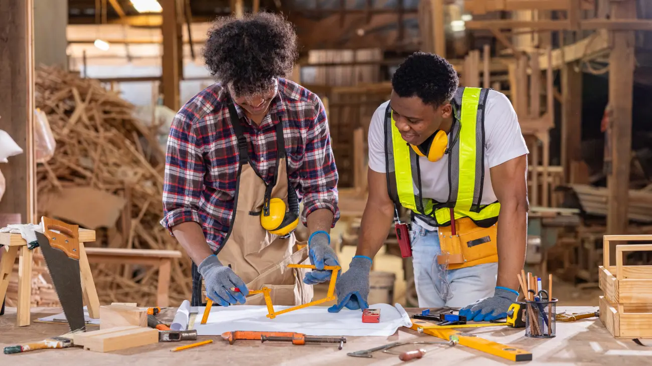 Two carpenters reviewing woodwork design plans